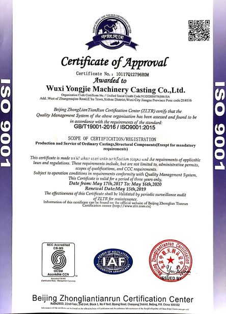 Çin Wuxi Yongjie Machinery Casting Co., Ltd. Sertifikalar