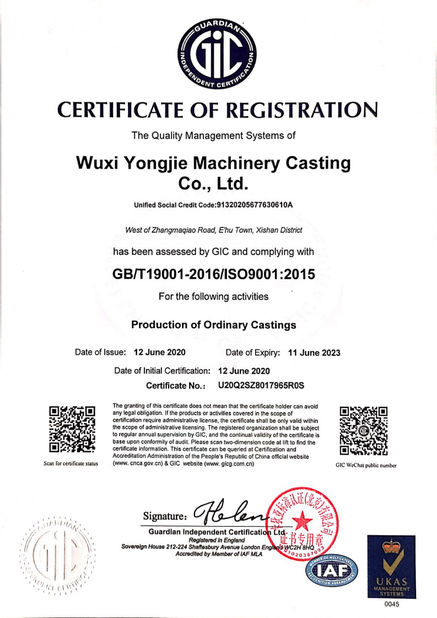 Çin Wuxi Yongjie Machinery Casting Co., Ltd. Sertifikalar